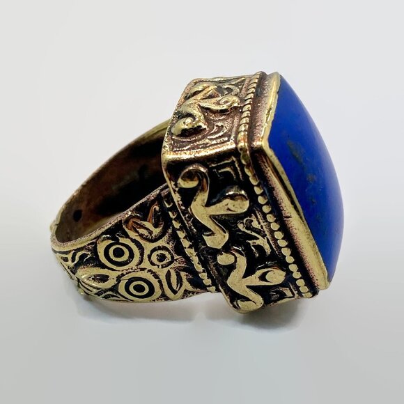 Vintage Afghan Ring Blue Lapis: Middle Eastern Brass Statement Large - Picture 2 of 3